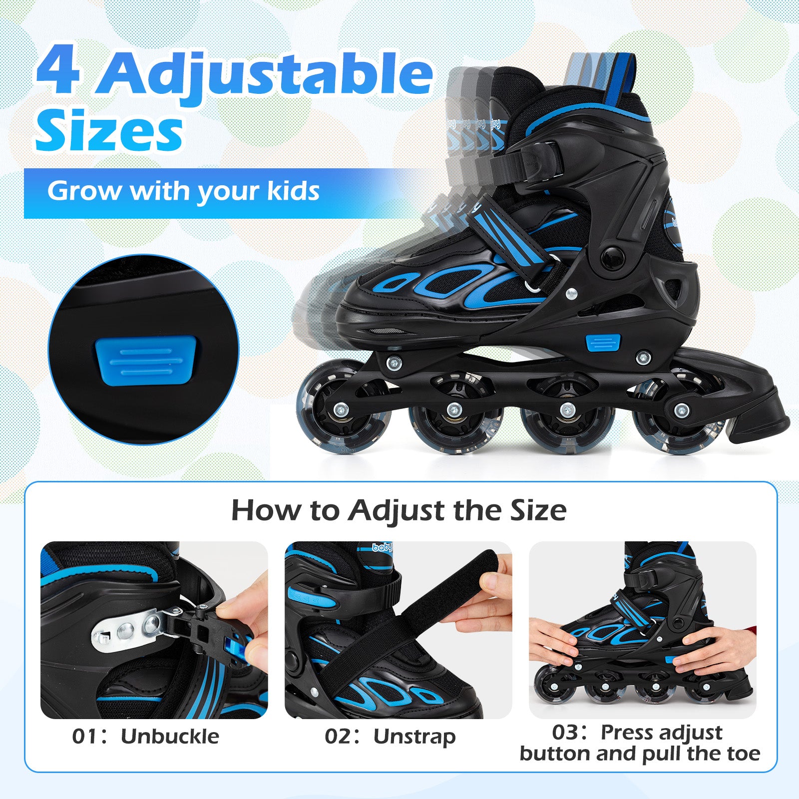 Adjustable Kids' Incline Skates 4 Sizes Adjustable Blade Roller-Blue