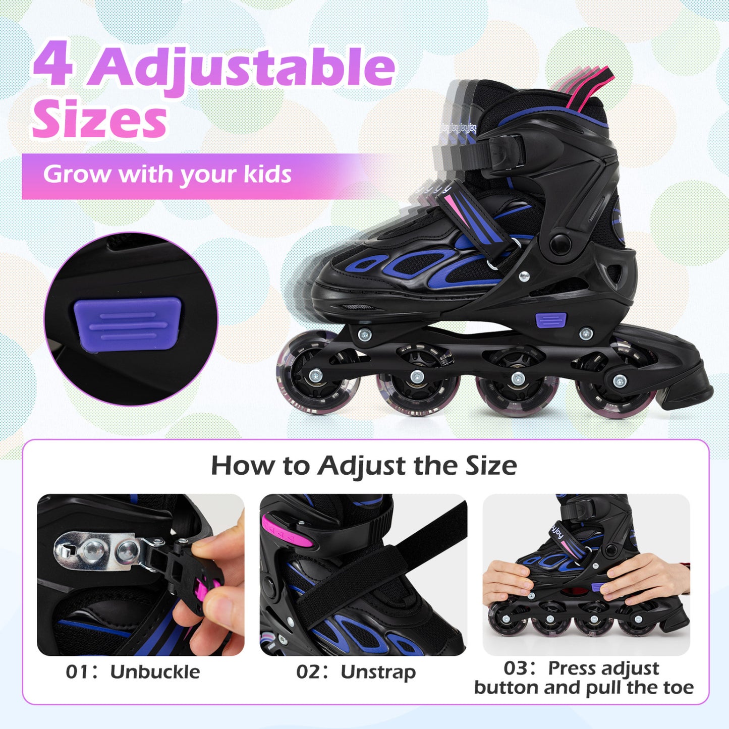 Adjustable Kids' Incline Skates 4 Sizes Adjustable Blade Roller-Purple