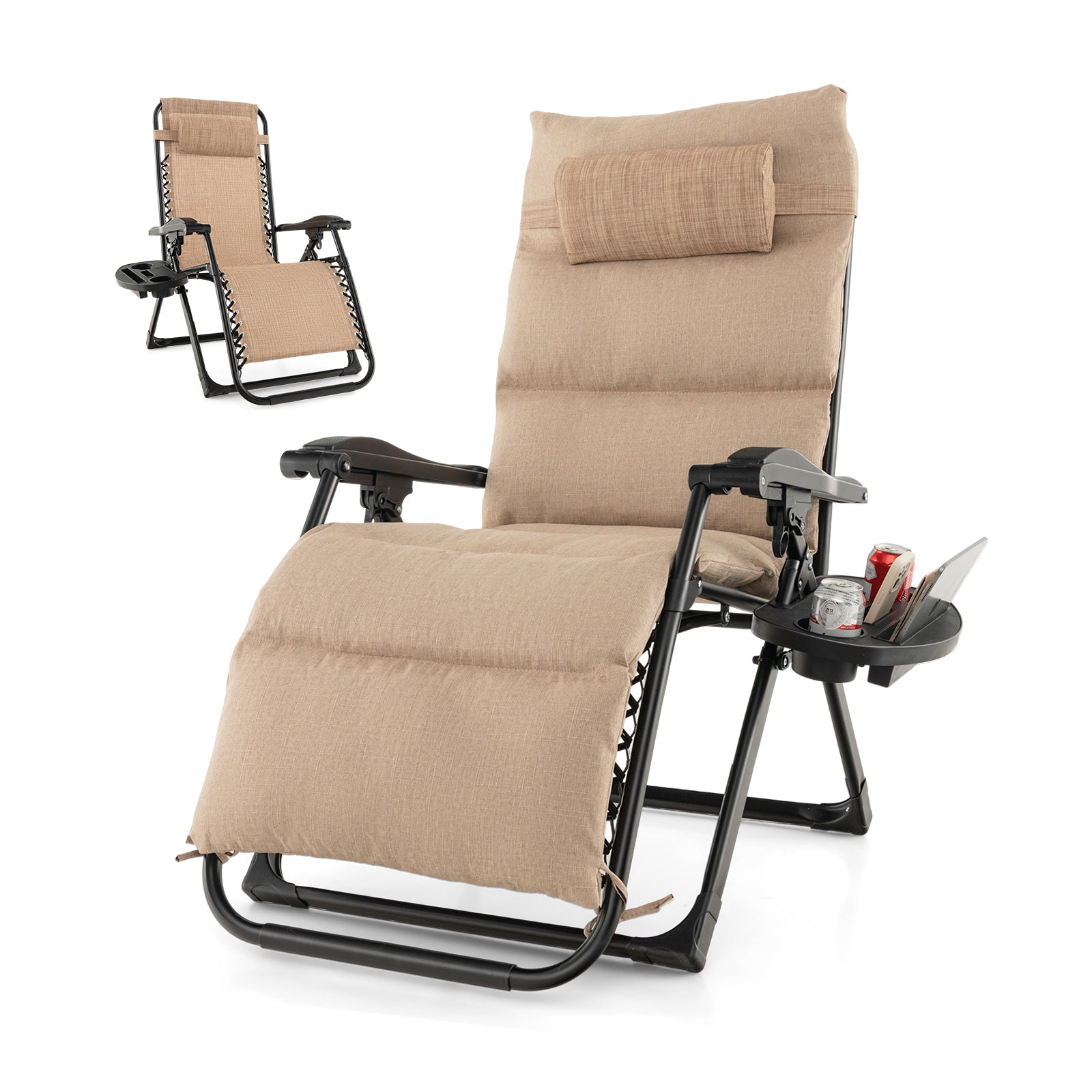Adjustable Metal Zero Gravity Lounge Chair with Removable Cushion and Cup Holder Tray-Gray - Beige