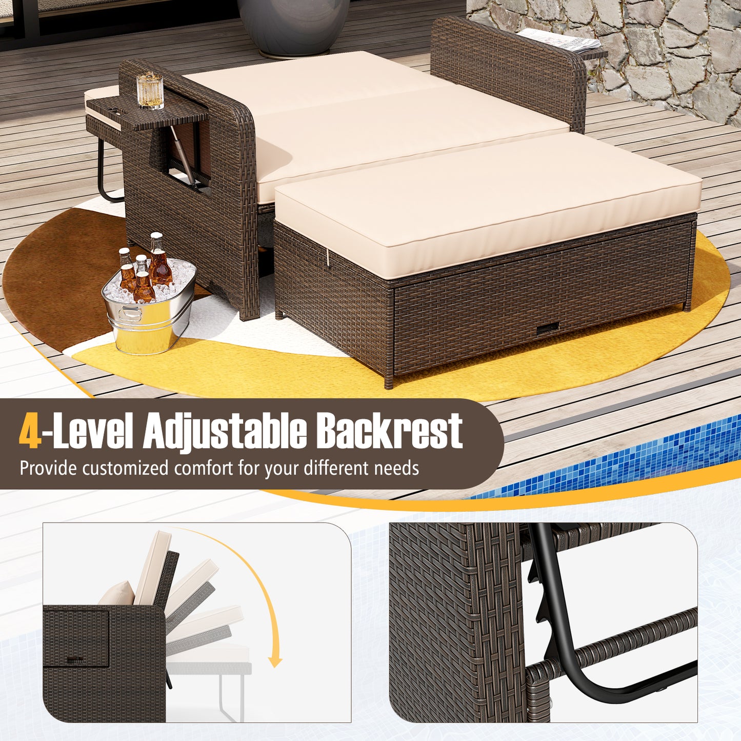 Premium Adjustable Outdoor Patio Daybed Set with Cushions and Storage Ottoman