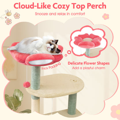 61 Inch Multi-Level Aesthetic Floral Kitten Tower with Flower-Shaped Padded Perch-Multicolor