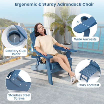 All-Weather HIPS Patio Adirondack Lounge Chair with Retractable Footrest-Navy
