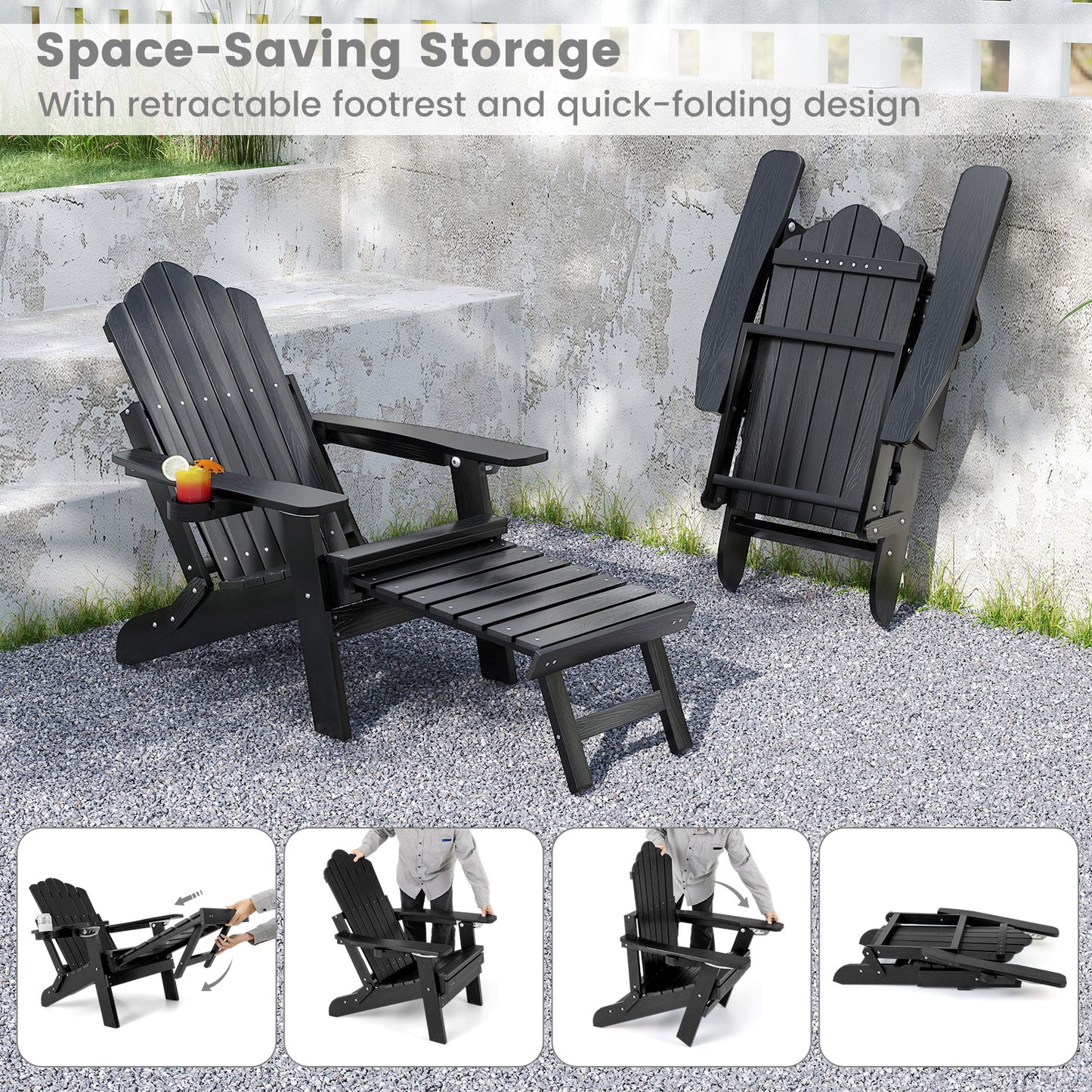 All-Weather HIPS Patio Adirondack Lounge Chair with Retractable Footrest-Black