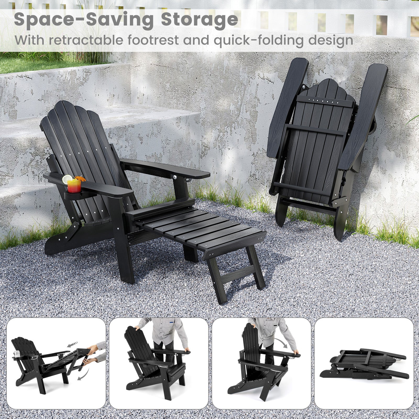 All-Weather HIPS Patio Adirondack Lounge Chair with Retractable Footrest-Black