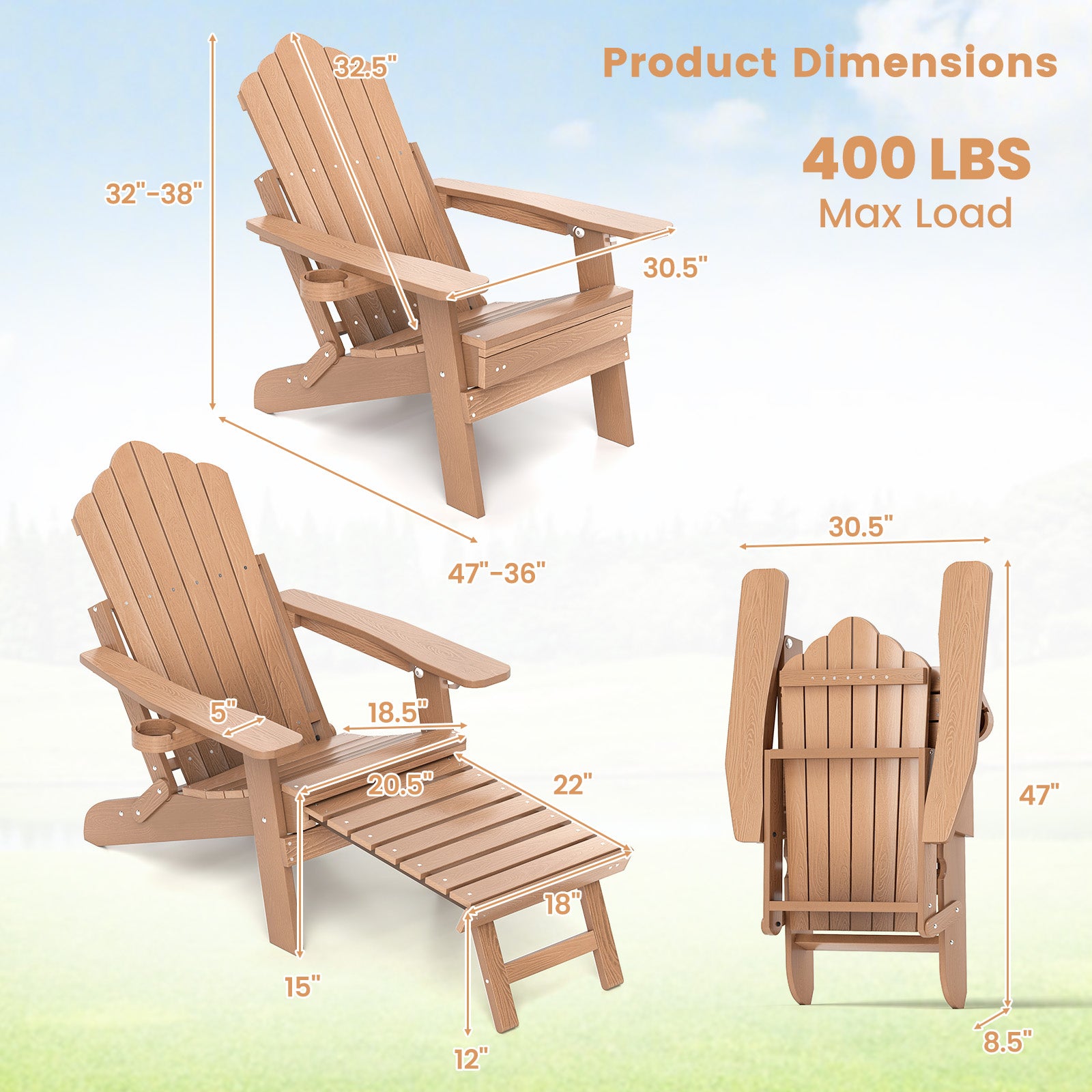 All-Weather HIPS Patio Adirondack Lounge Chair with Retractable Footrest-Coffee
