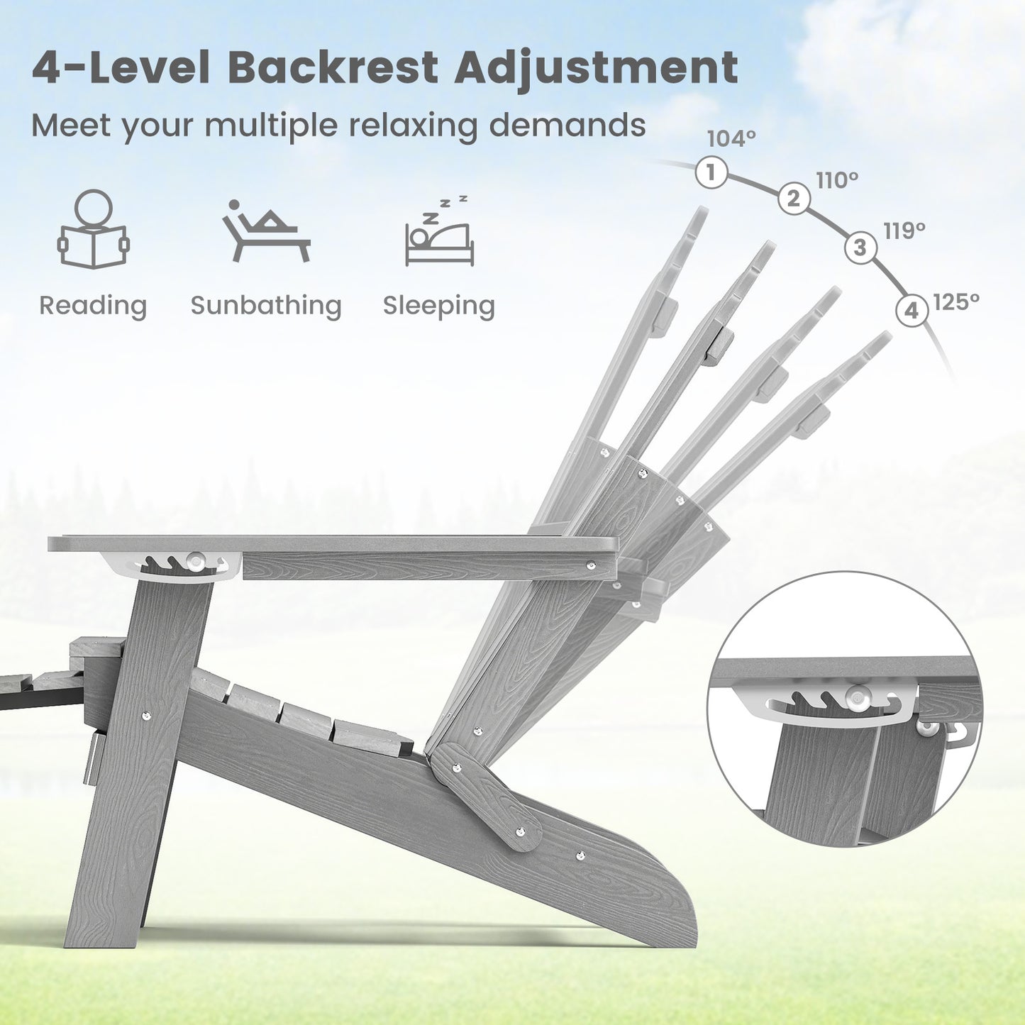 All-Weather HIPS Patio Adirondack Lounge Chair with Retractable Footrest-Gray