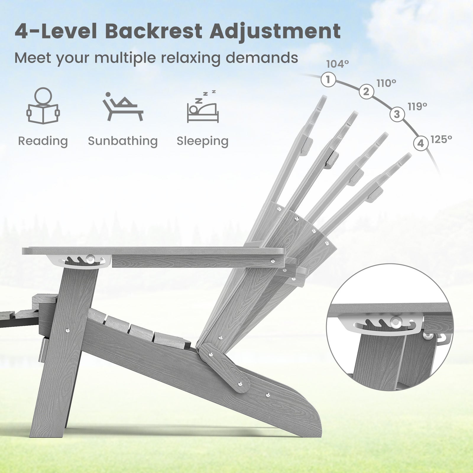 All-Weather HIPS Patio Adirondack Lounge Chair with Retractable Footrest-Gray