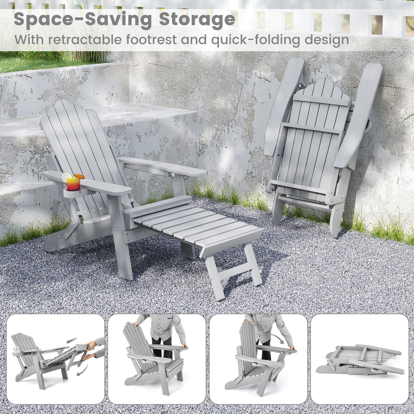 All-Weather HIPS Patio Adirondack Lounge Chair with Retractable Footrest-Gray