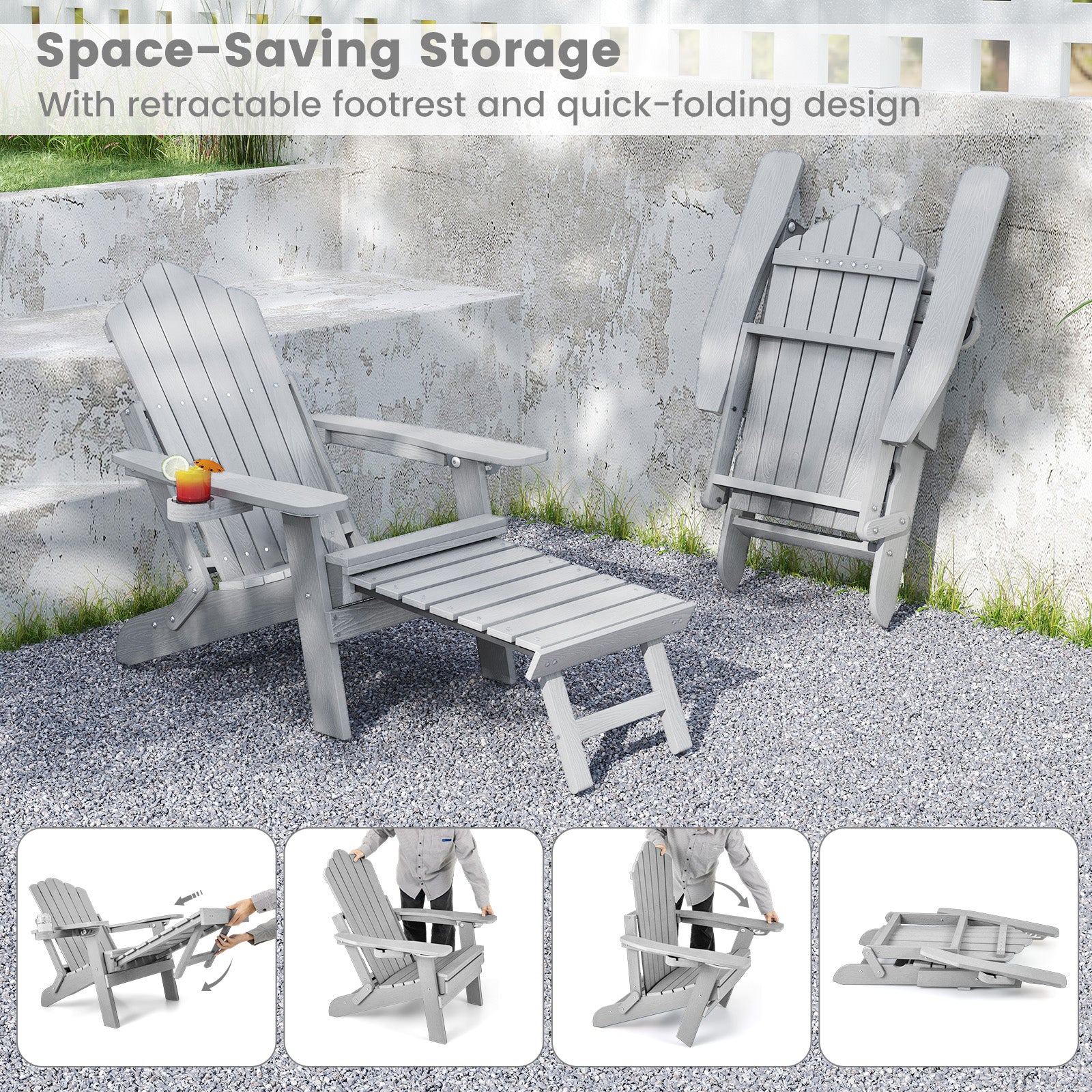 All-Weather HIPS Patio Adirondack Lounge Chair with Retractable Footrest-Gray