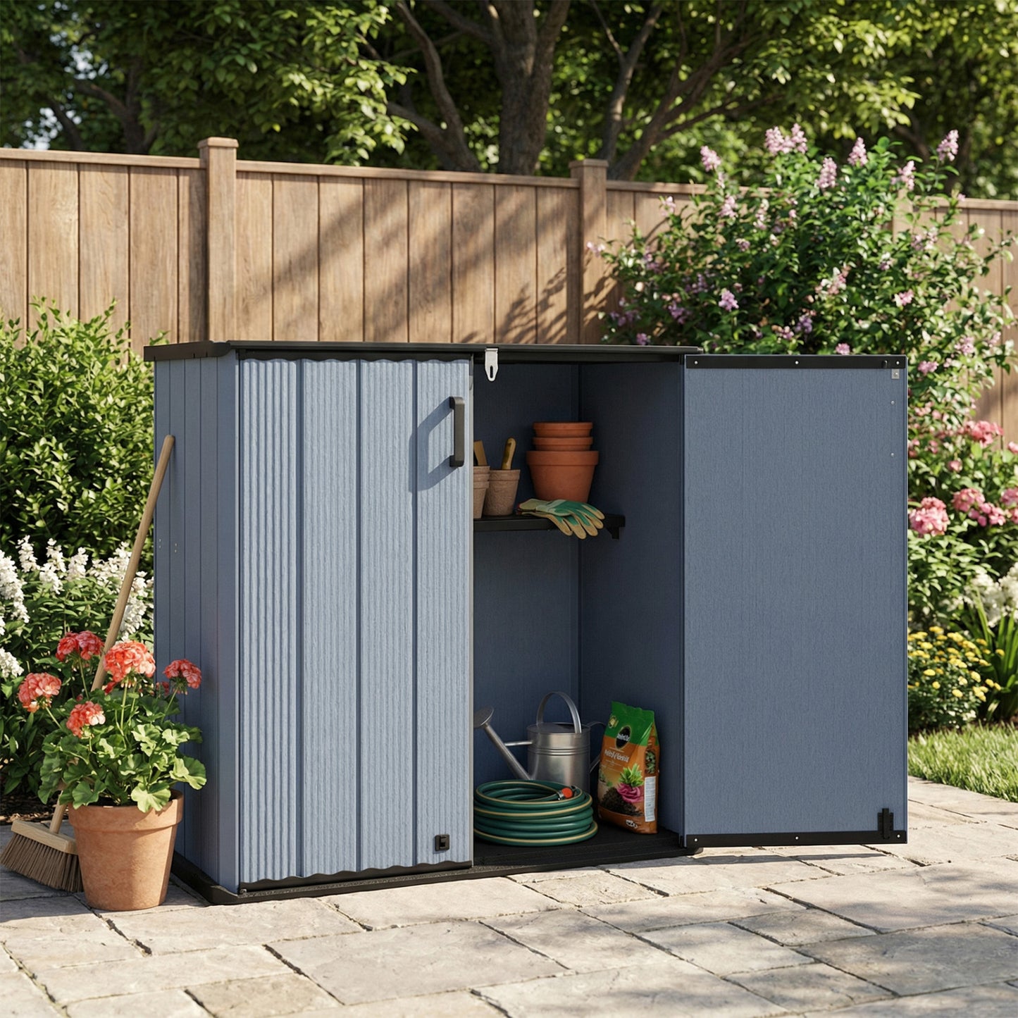 All-Weather Storage Box with Floor and Removable Shelf for Patio and Lawn