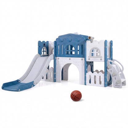 All-in-1 Toddler Slide Playset Playground with Tunnel and Ladder and Basketball-Blue - Blue