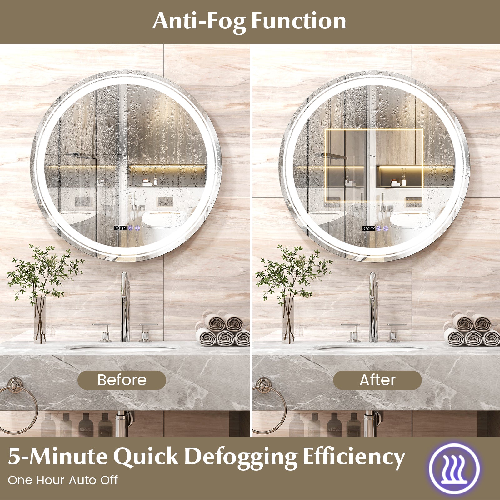 Anti-Fog Round Led Bathroom Mirror with 3 Color LED Lights-L