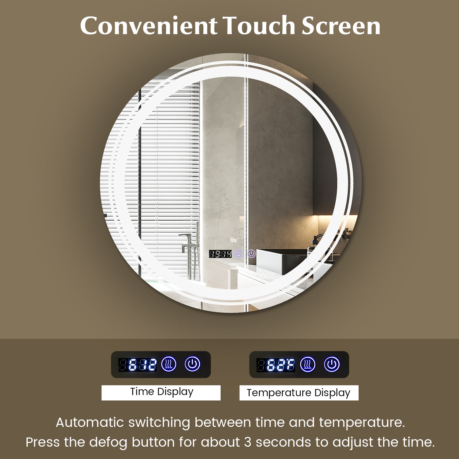 Anti-Fog Round Led Bathroom Mirror with 3 Color LED Lights-S