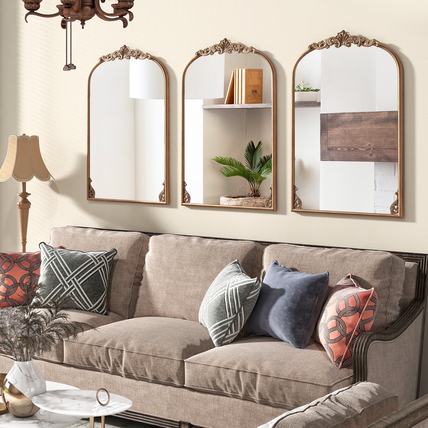 Arched Mirror for Wall Gold Traditional Vintage Ornate Baroque Mirror with Metal Frame