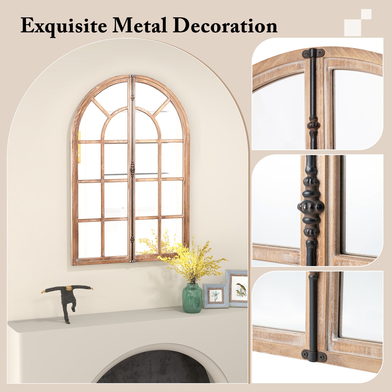 Arched Window Pane Farmhouse Wall Mounted Decorative Mirror-Nature