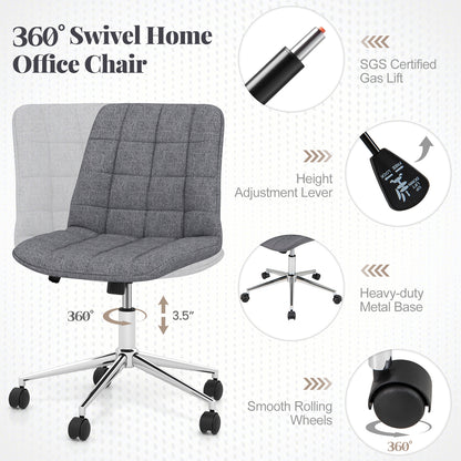 Armless Office Chair Upholstered Makeup Vanity Chair with Adjustable Height and Wheels-Grey
