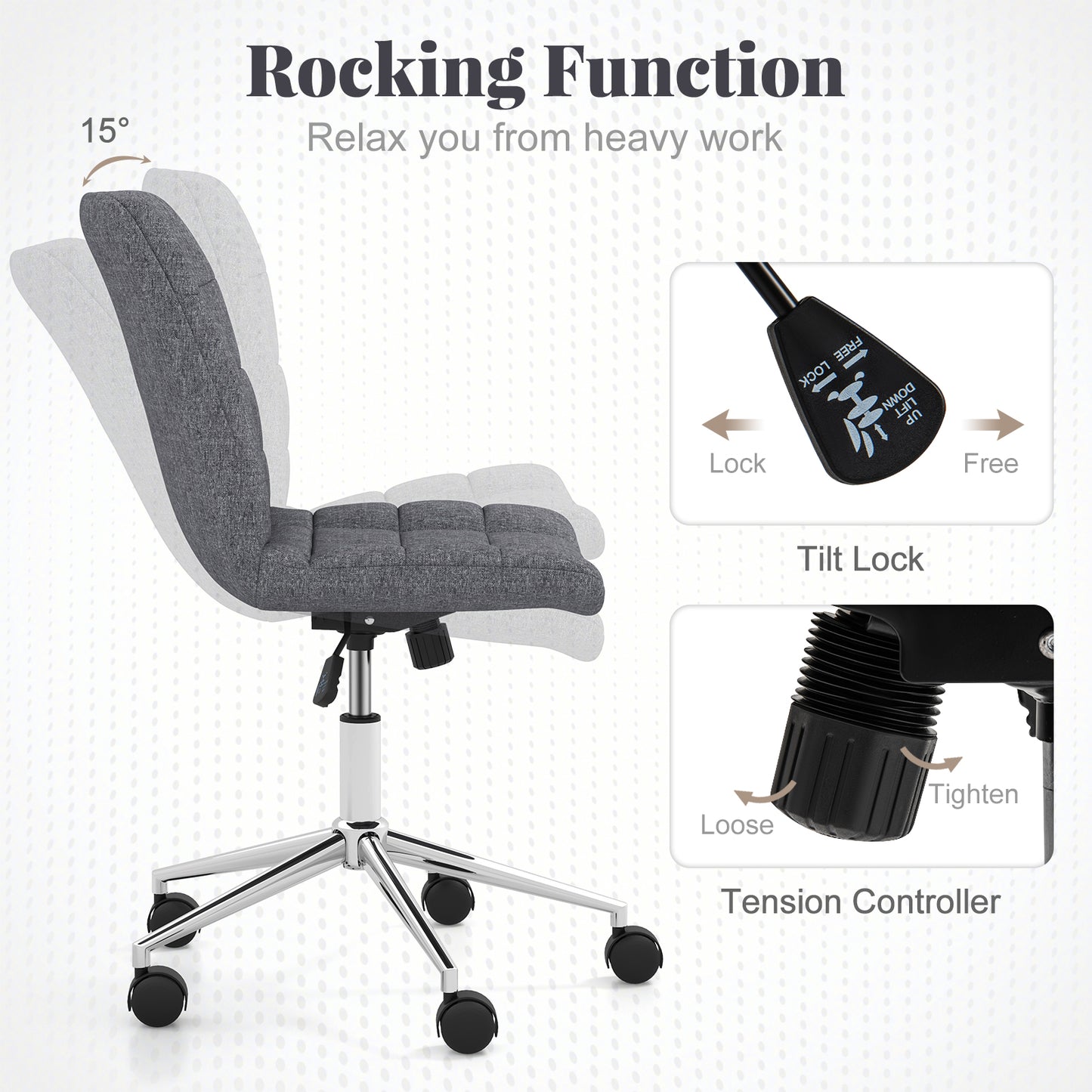 Armless Office Chair Upholstered Makeup Vanity Chair with Adjustable Height and Wheels-Grey
