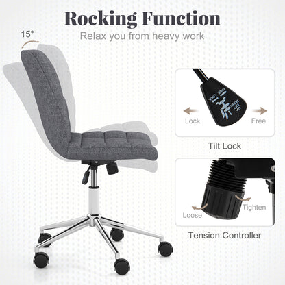 Armless Office Chair Upholstered Makeup Vanity Chair with Adjustable Height and Wheels-Grey