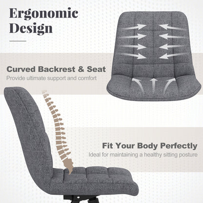 Armless Office Chair Upholstered Makeup Vanity Chair with Adjustable Height and Wheels-Grey