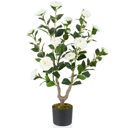 36 Inch Artificial Camellia Tree with Blooming Flower 1 Pack-White - White