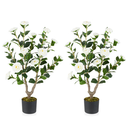 36 Inch Artificial Camellia Tree with Blooming Flower 2 Pack-Orange - White