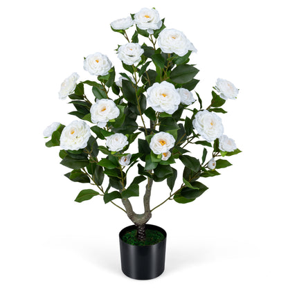 Artificial Camellia Tree in Cement Pot 35.5" Faux Flower Plant