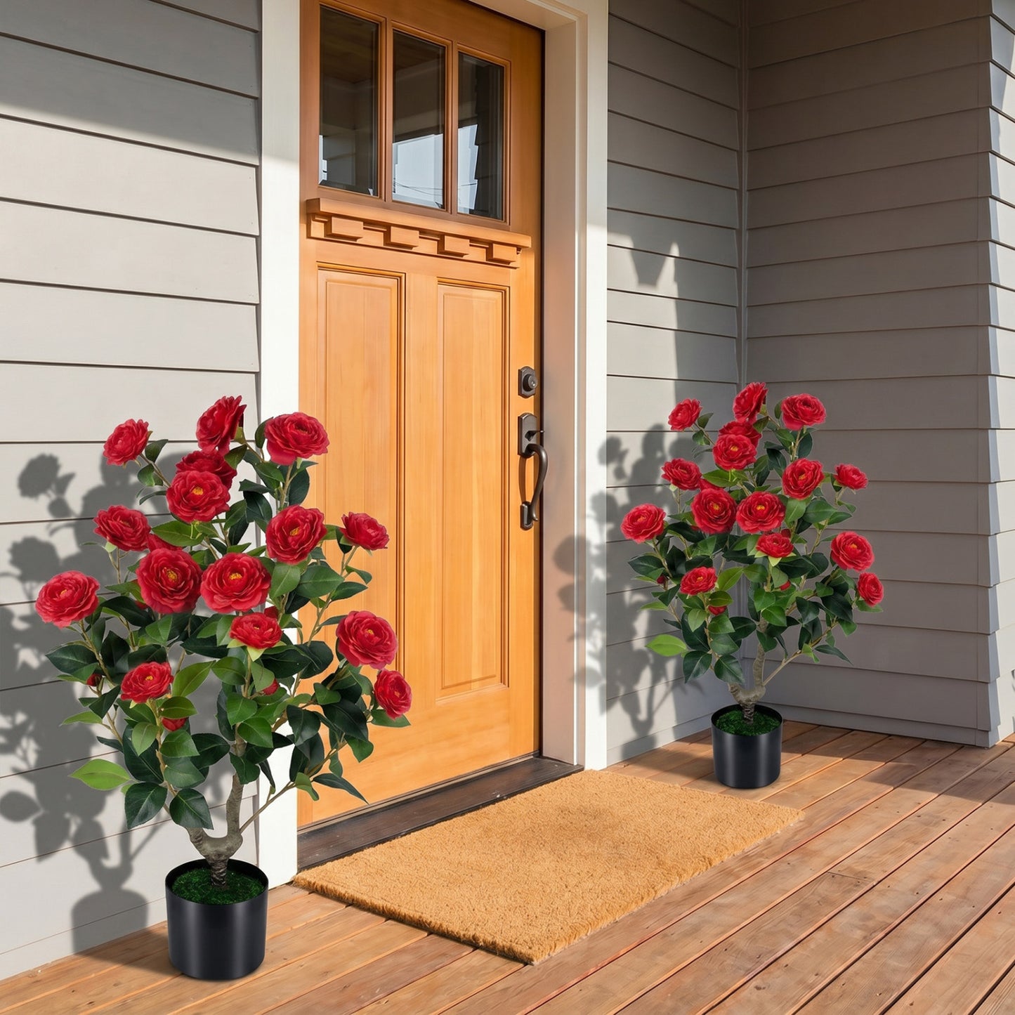 Artificial Camellia Tree in Cement Pot 35.5" Faux Flower Plant