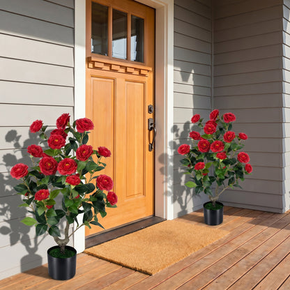 Artificial Camellia Tree in Cement Pot 35.5" Faux Flower Plant