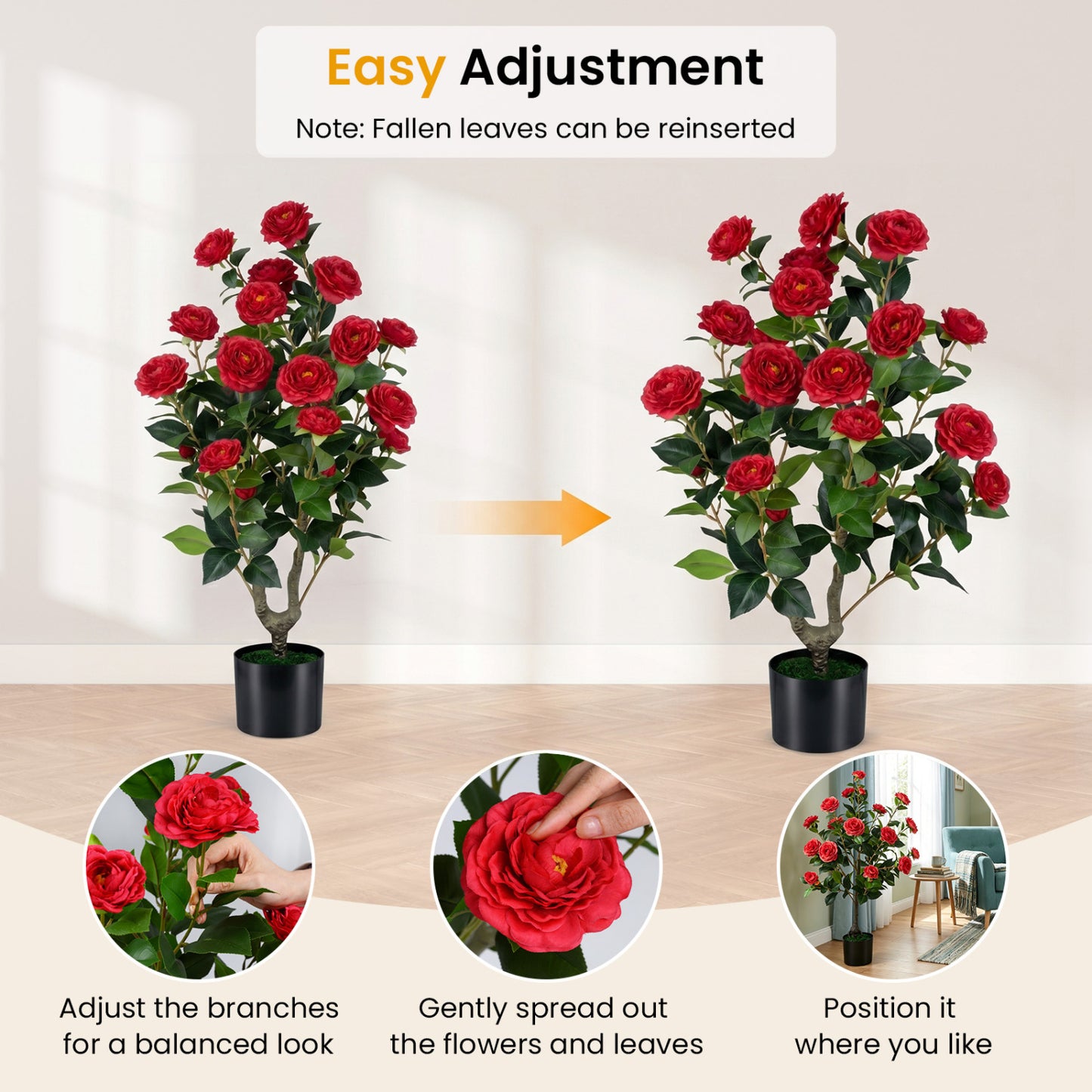Artificial Camellia Tree in Cement Pot 35.5" Faux Flower Plant