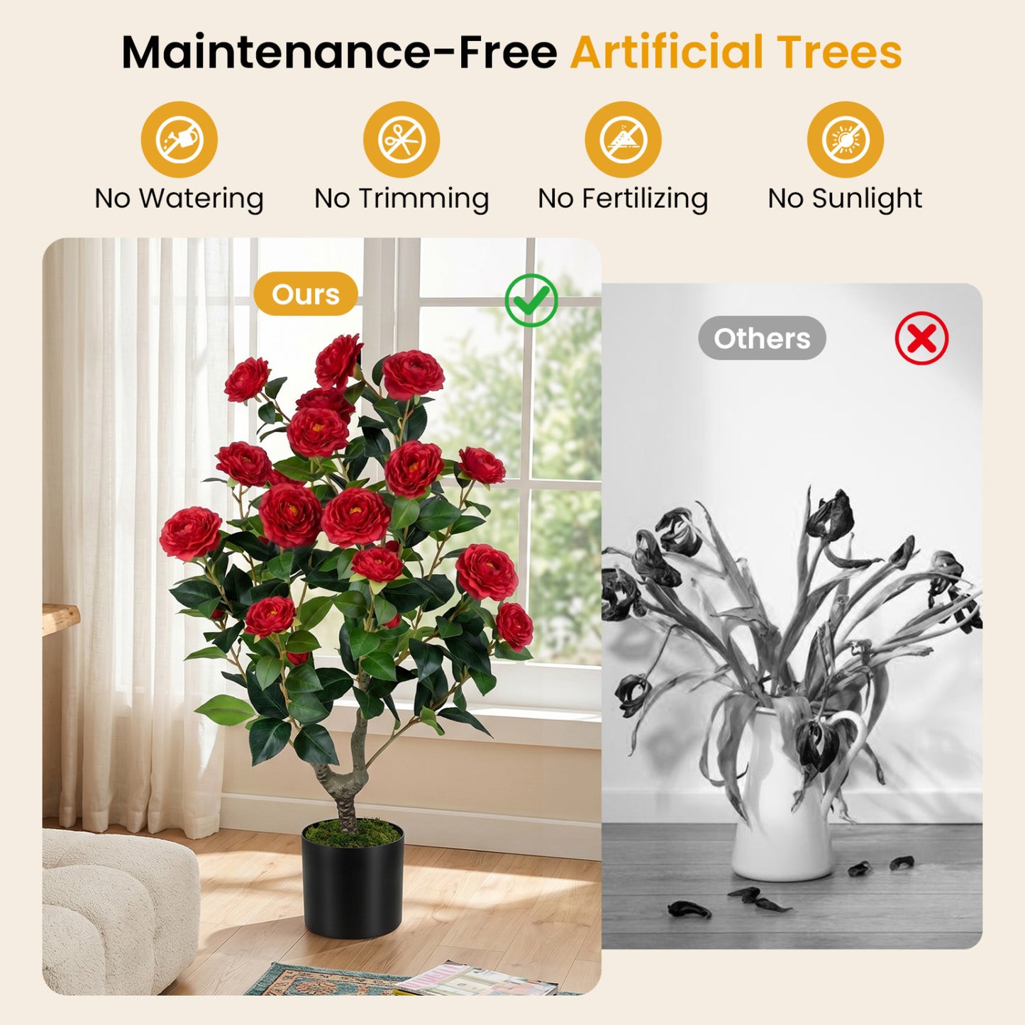 Artificial Camellia Tree in Cement Pot 35.5" Faux Flower Plant