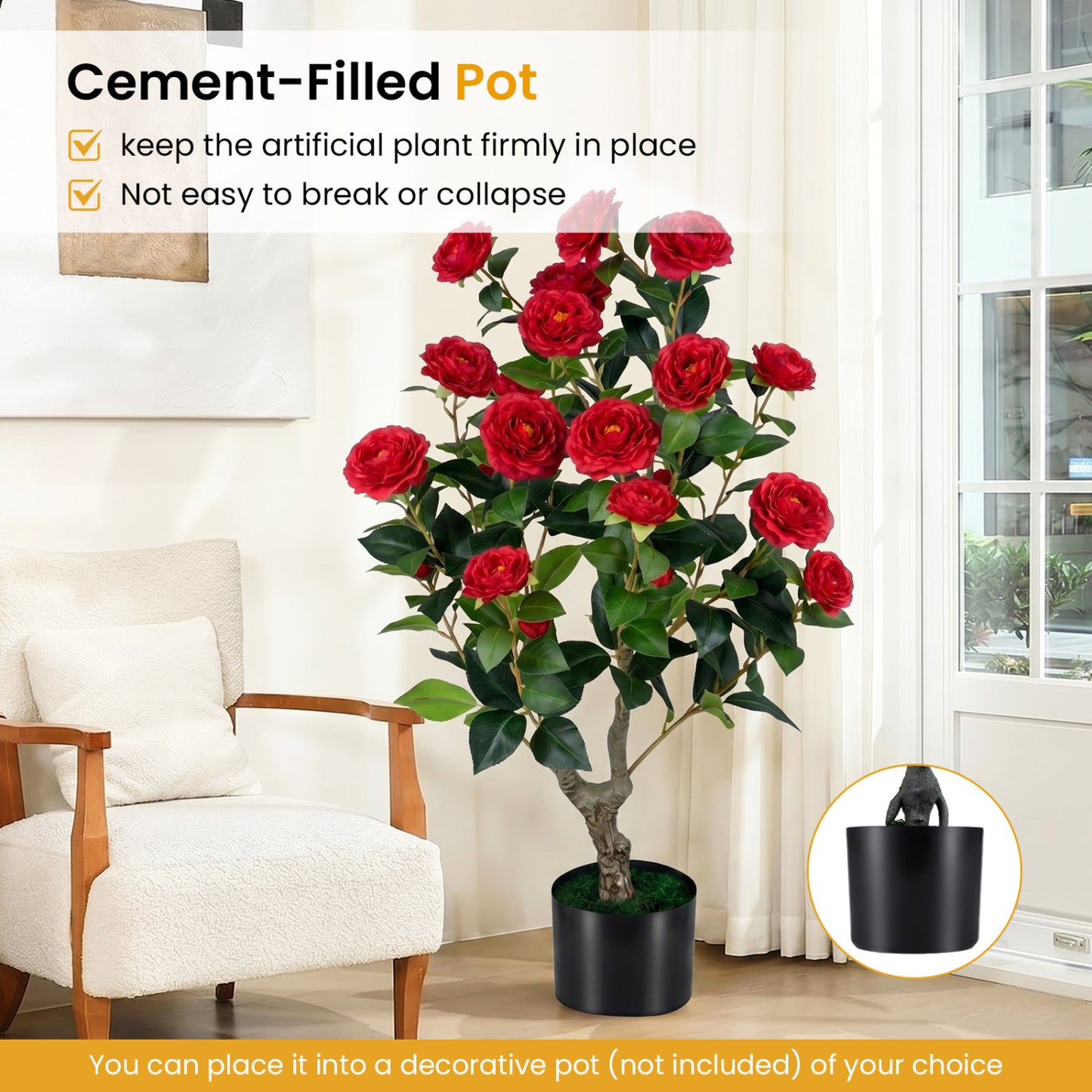 Artificial Camellia Tree in Cement Pot 35.5" Faux Flower Plant