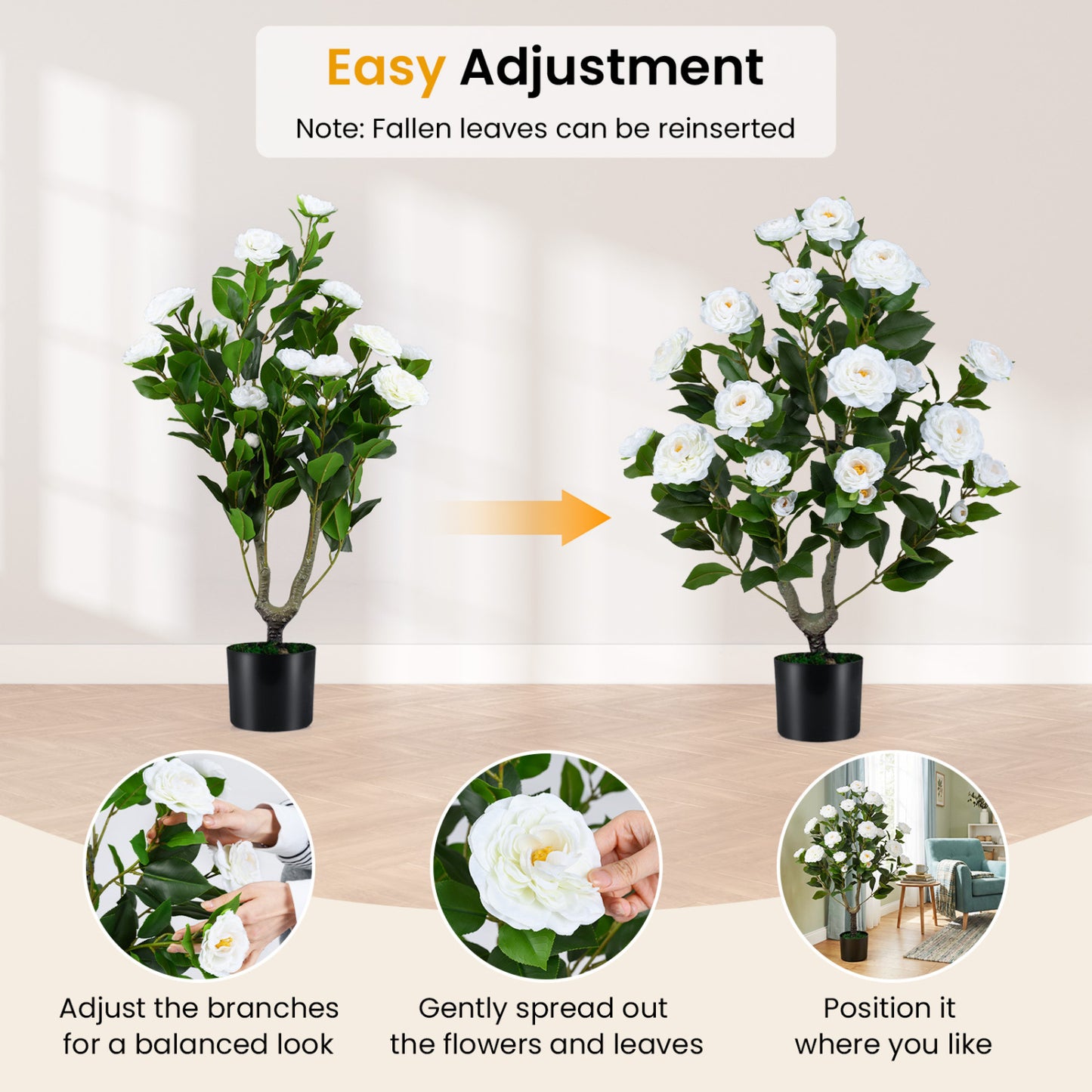 Artificial Camellia Tree in Cement Pot 35.5" Faux Flower Plant