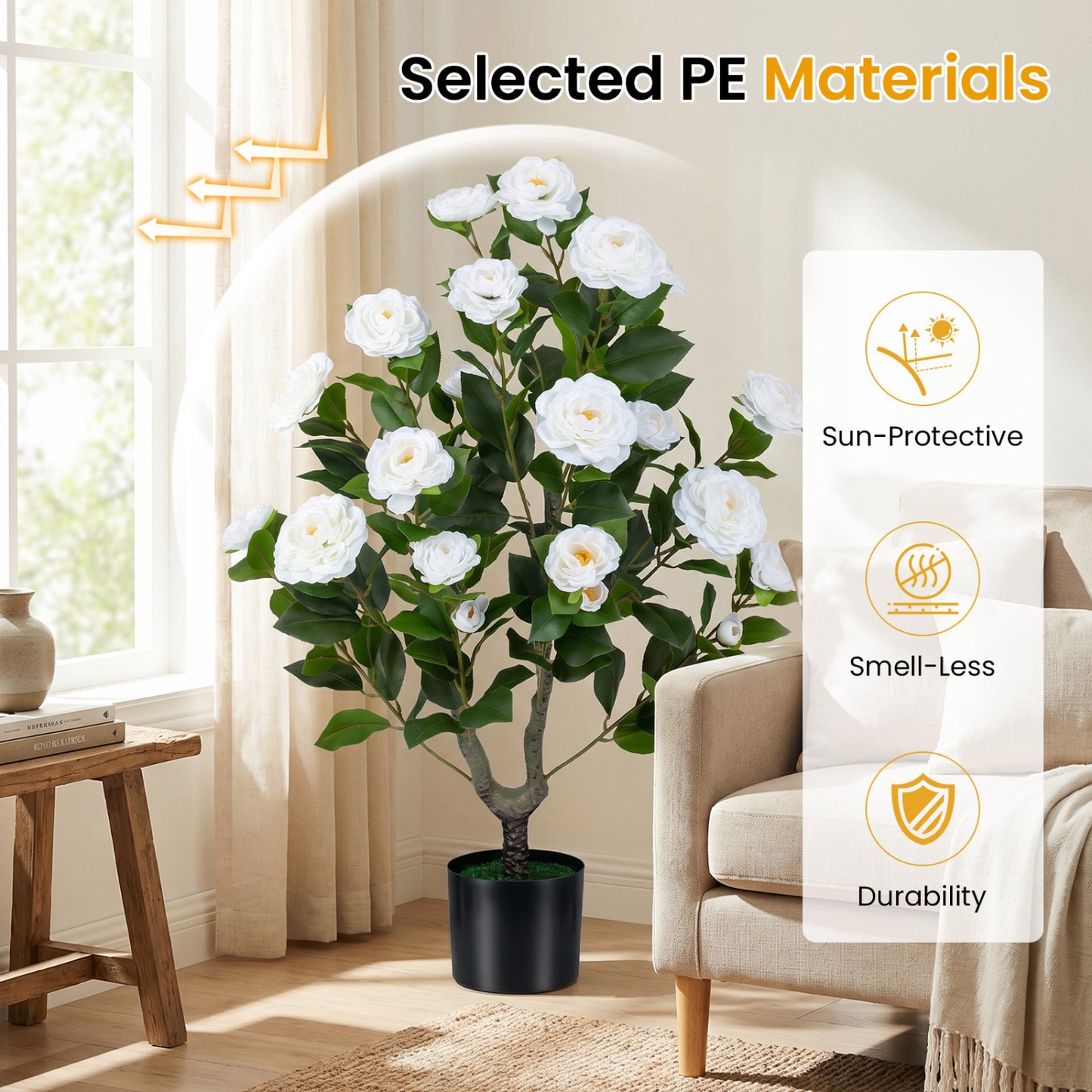 Artificial Camellia Tree in Cement Pot 35.5" Faux Flower Plant