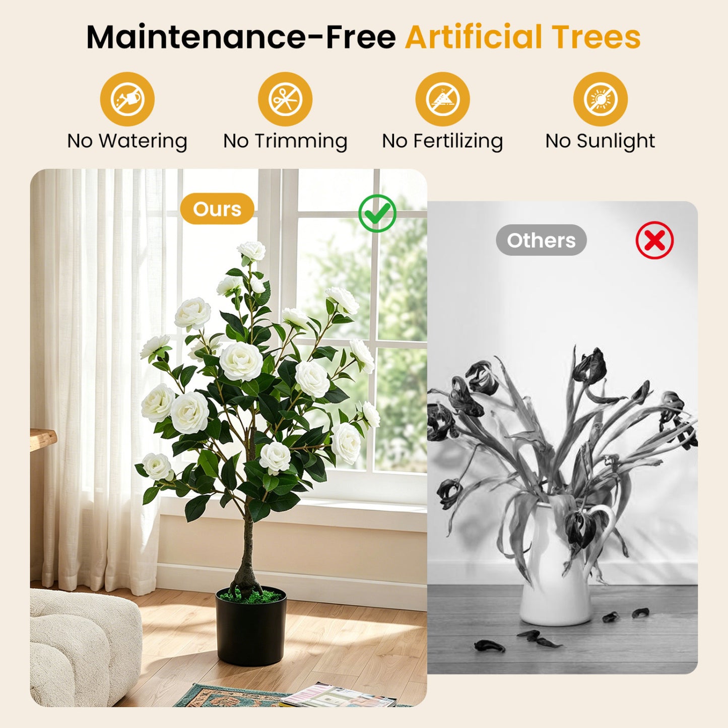 Artificial Camellia Tree in Cement Pot 35.5" Faux Flower Plant