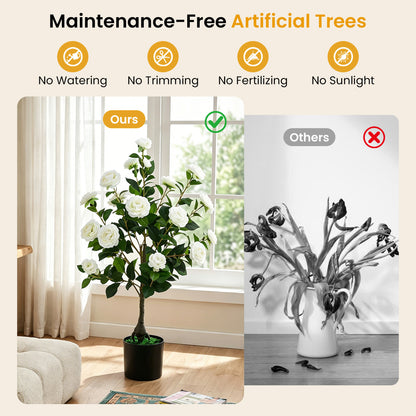 Artificial Camellia Tree in Cement Pot 35.5" Faux Flower Plant