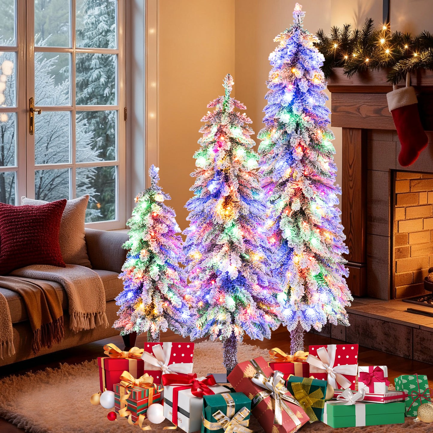 Artificial Christmas Tree Set of 3 with Snow-flocked Branch Tips