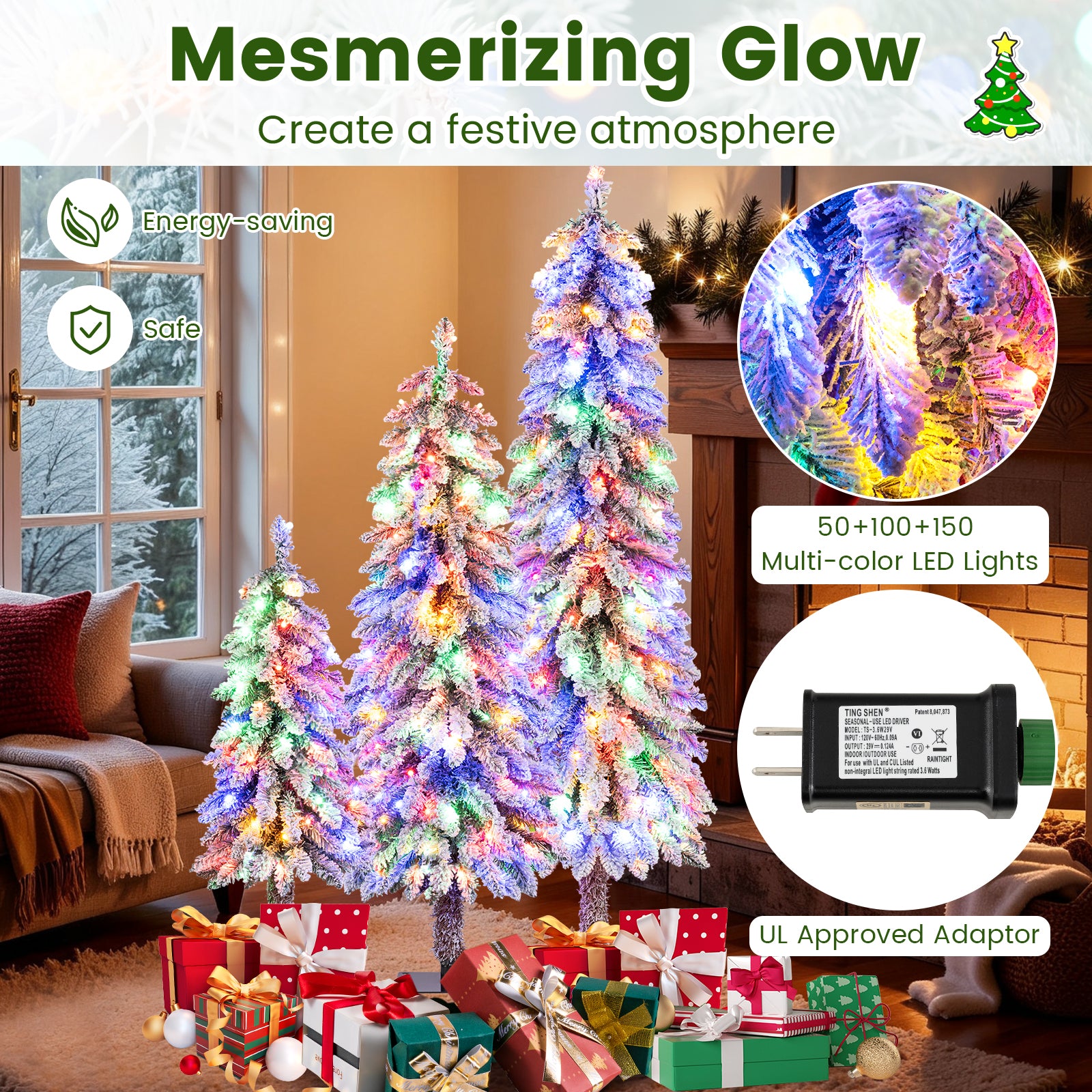 Artificial Christmas Tree Set of 3 with Snow-flocked Branch Tips