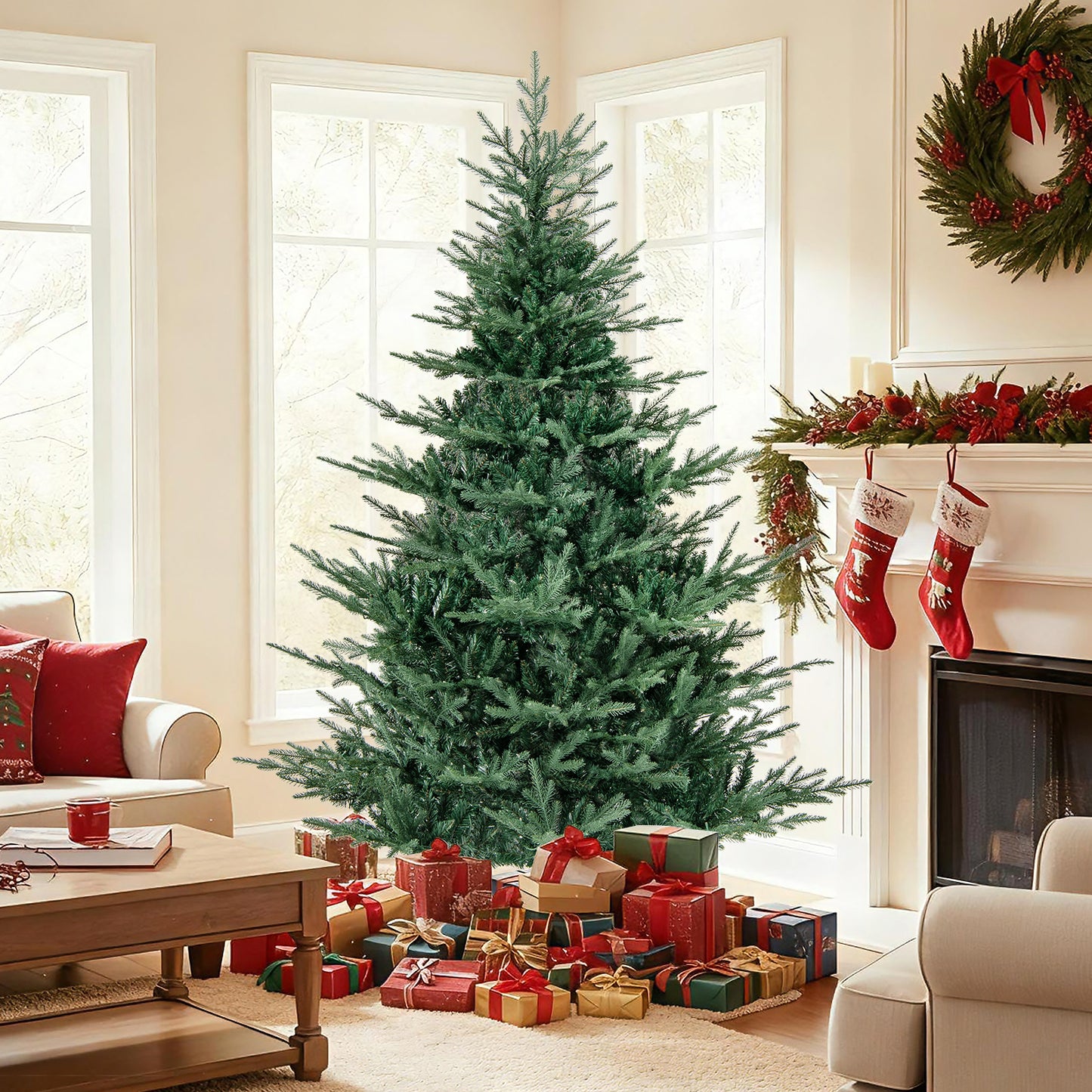 Artificial Christmas Tree with Branch Tips and Warm White LED Lights-7 Feet