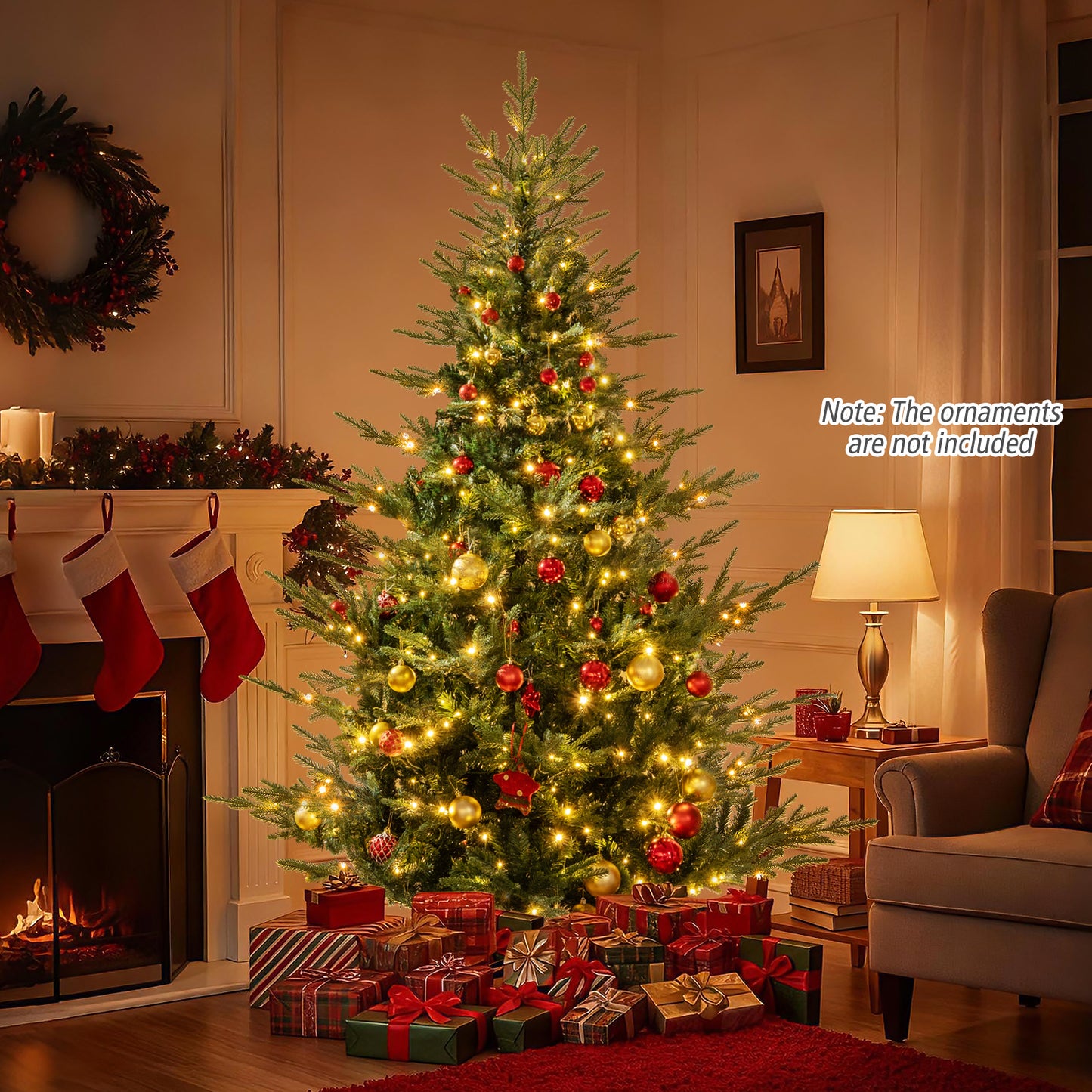 Artificial Christmas Tree with Branch Tips and Warm White LED Lights-7 Feet