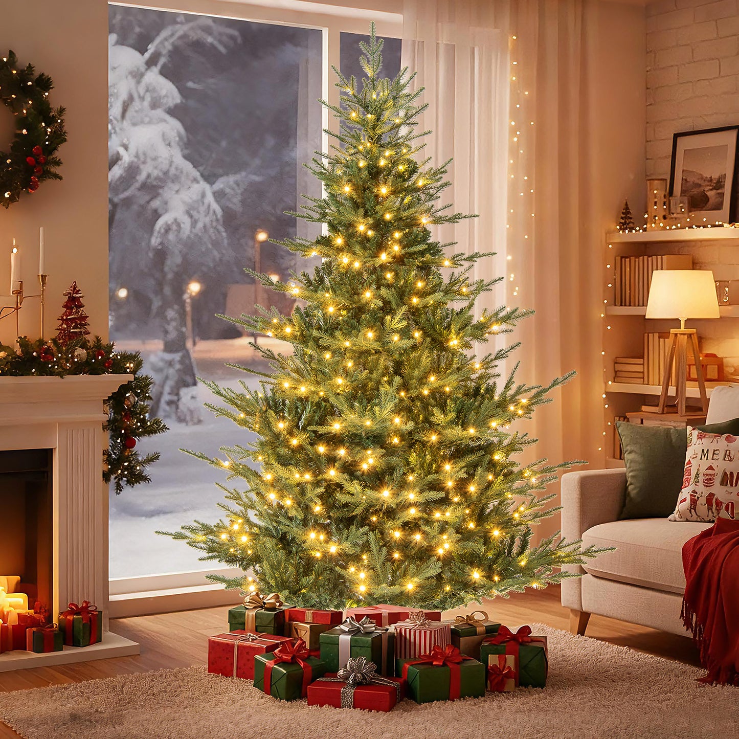 Artificial Christmas Tree with Branch Tips and Warm White LED Lights-7 Feet