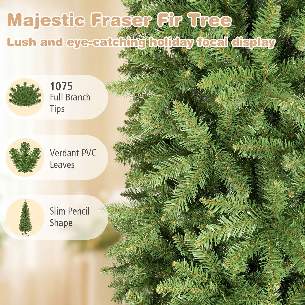 Artificial Pencil Christmas Tree with Full Branch Tips and Folding Metal Stand-7.5 FT