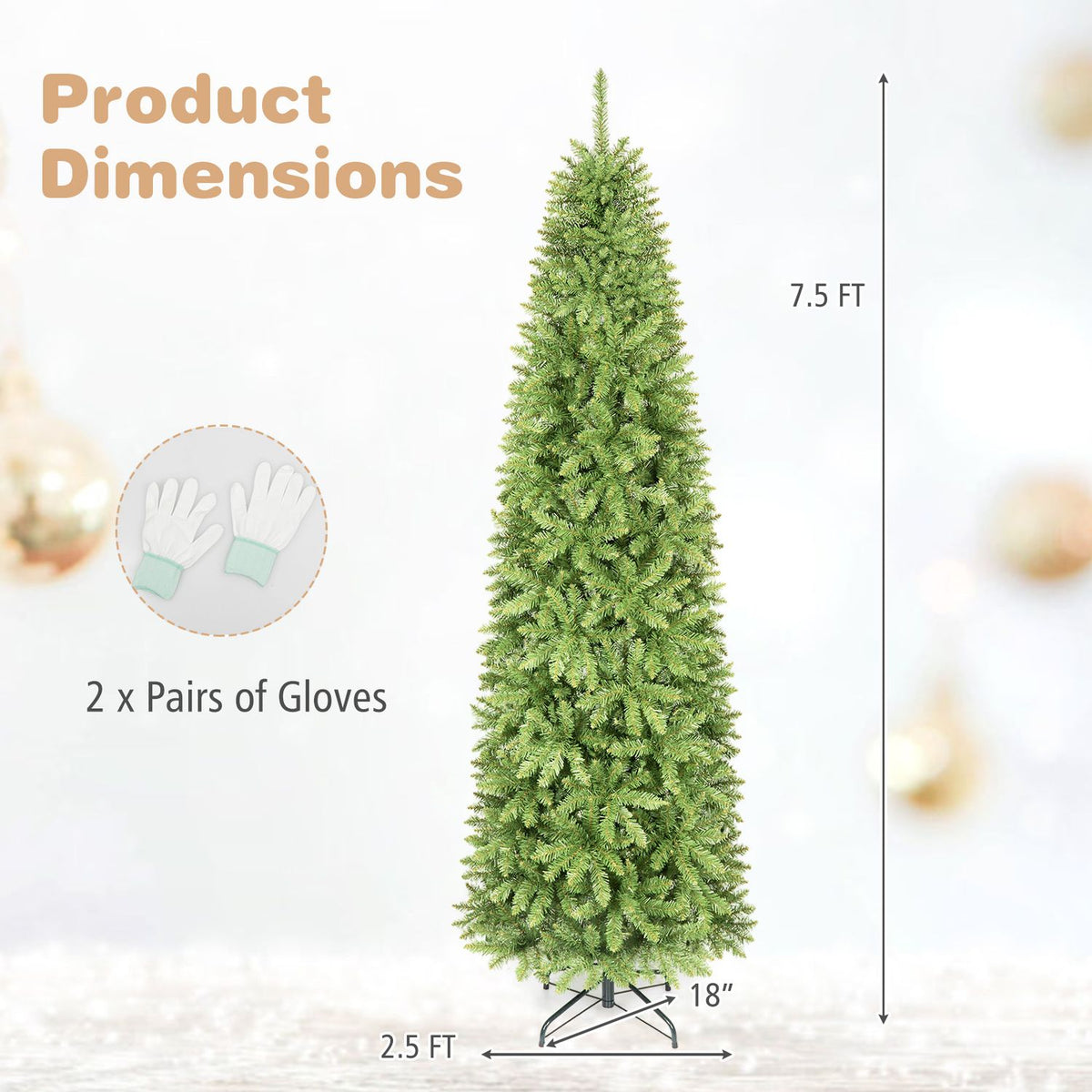 Artificial Pencil Christmas Tree with Full Branch Tips and Folding Metal Stand-7.5 FT