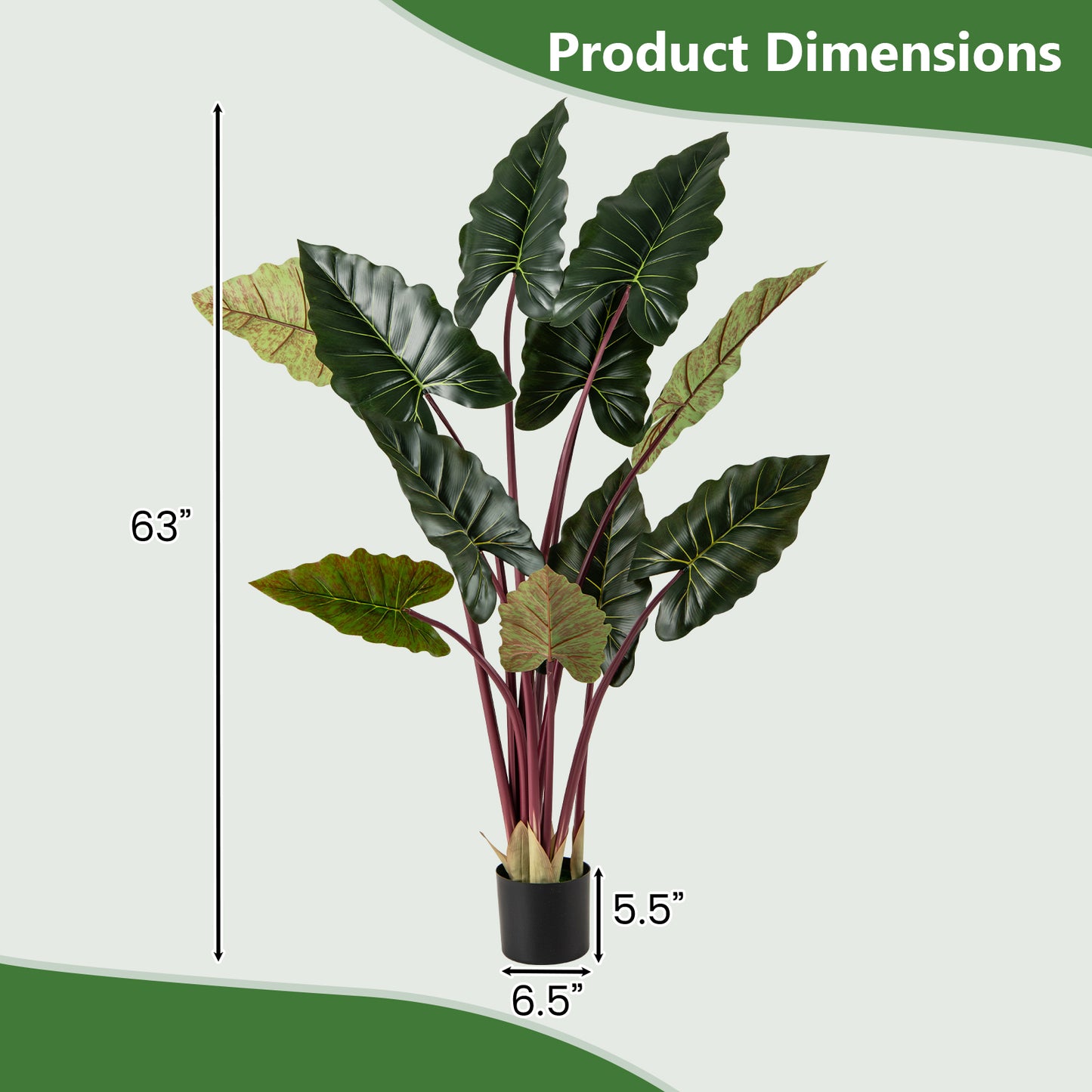 Artificial Rainbow Taro Tree 63" Tall with 11 Faux Leaves-1 Pack