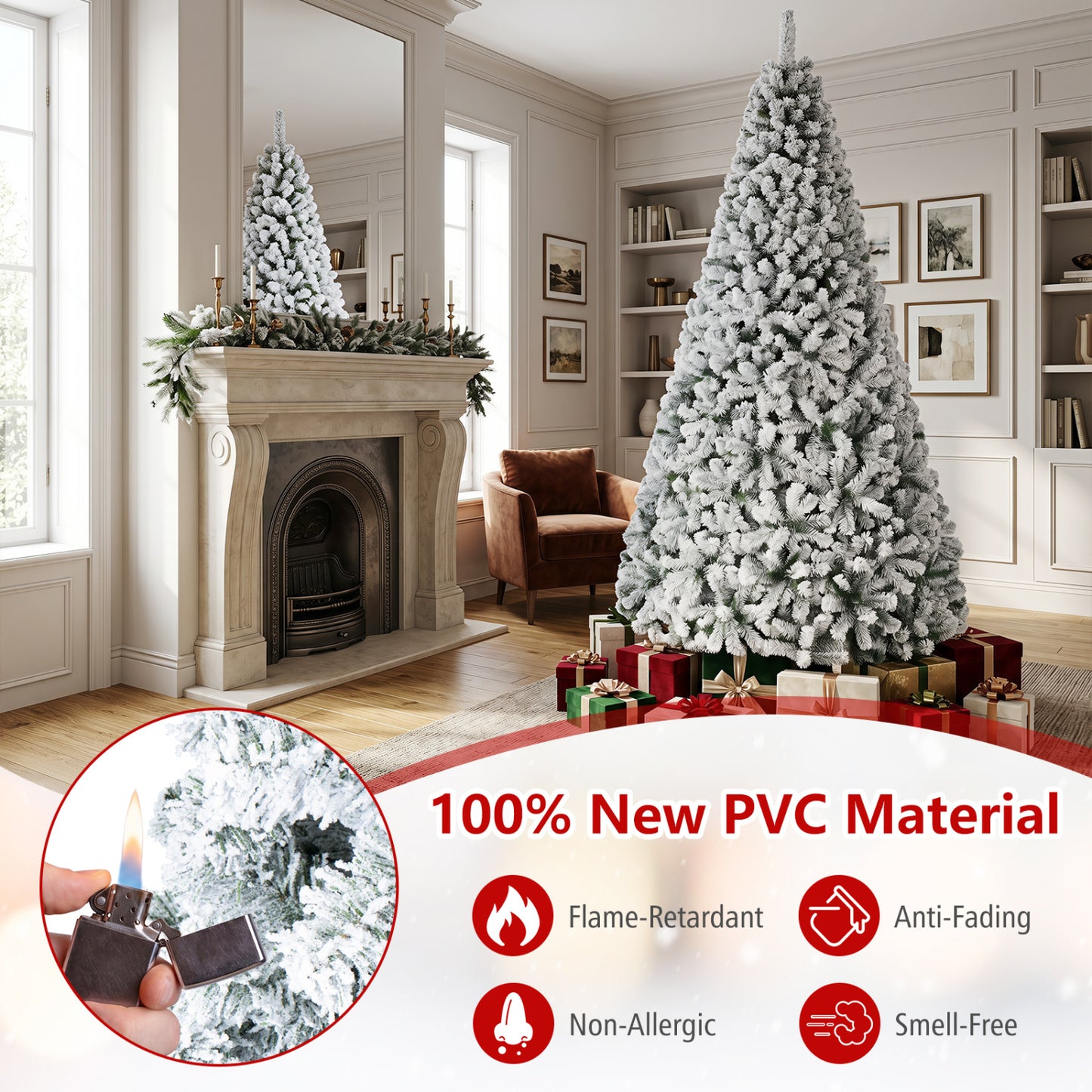 Snow-Flocked Artificial Christmas Tree 9 ft with Metal Stand