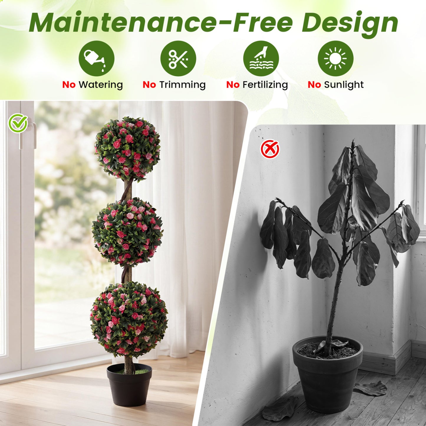 Triple Ball Rose Topiary Tree 43.5" with Lifelike Blooms