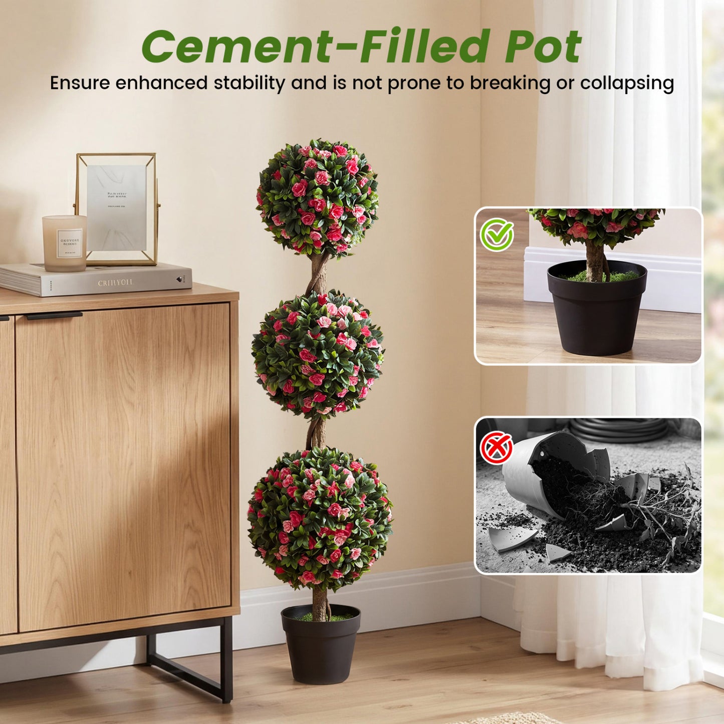 Triple Ball Rose Topiary Tree 43.5" with Lifelike Blooms