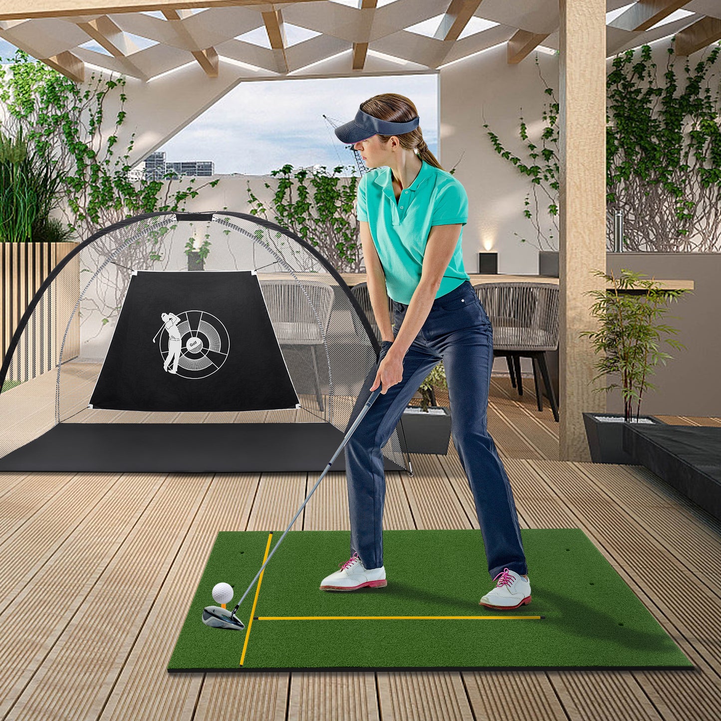 Artificial Turf Mat for Indoor and Outdoor Golf Practice Includes 2 Rubber Tees and 2 Alignment Sticks-20mm - 25Mm