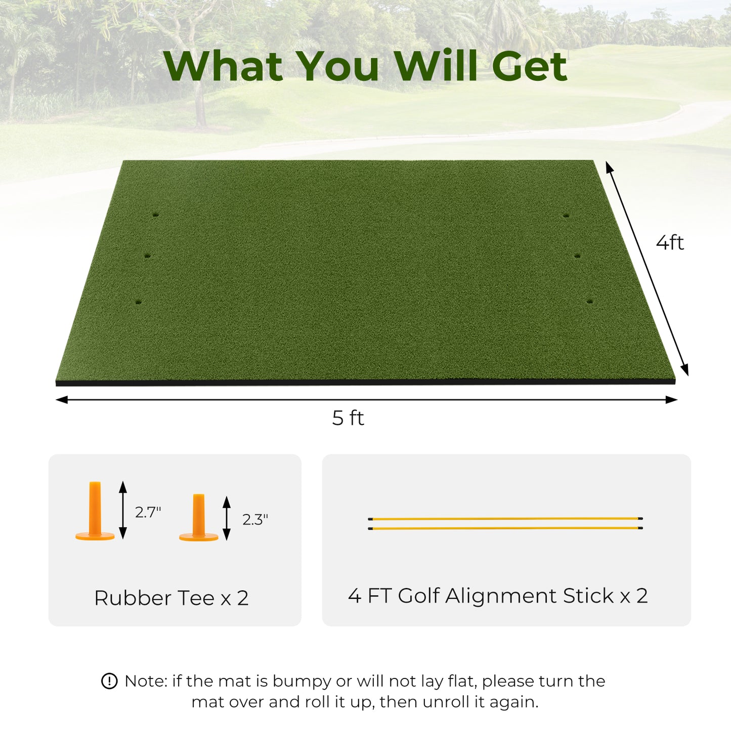 Artificial Turf Mat for Indoor and Outdoor Golf Practice Includes 2 Rubber Tees and 2 Alignment Sticks