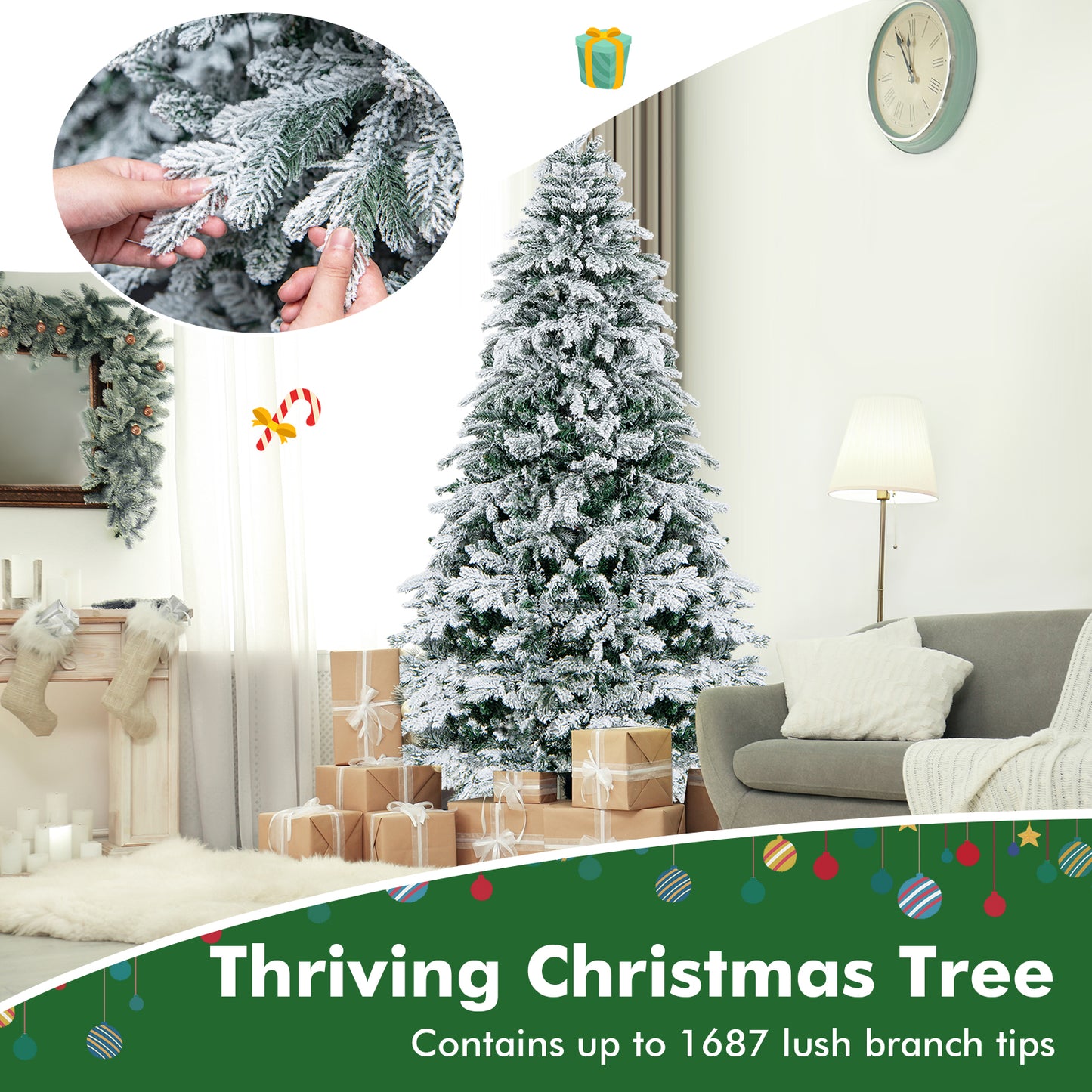 4.5/6/7 Feet Flocked Christmas Tree with Warm White LED Lights-7 ft