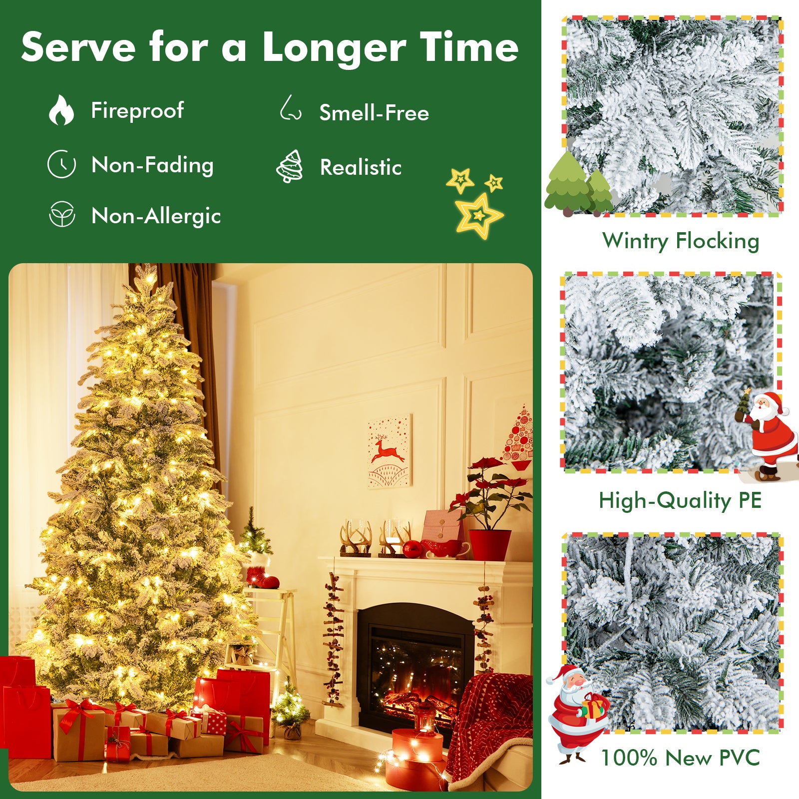 4.5/6/7 Feet Flocked Christmas Tree with Warm White LED Lights-7 ft